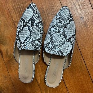 Women's Studded Snakeskin Mules - Black and White